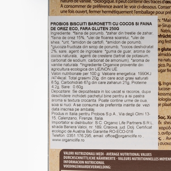 Biscuiți Baronetti cu cocos și făină de orez eco, fără  gluten 250g