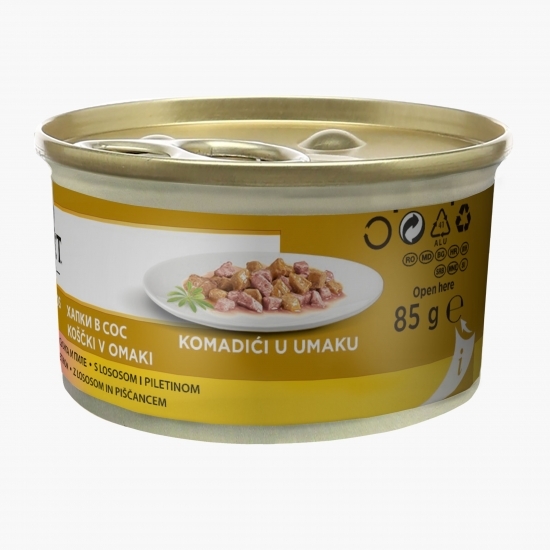 Hrană umedă pentru pisici, 85g, Mini fileuri în sos cu pui și somon