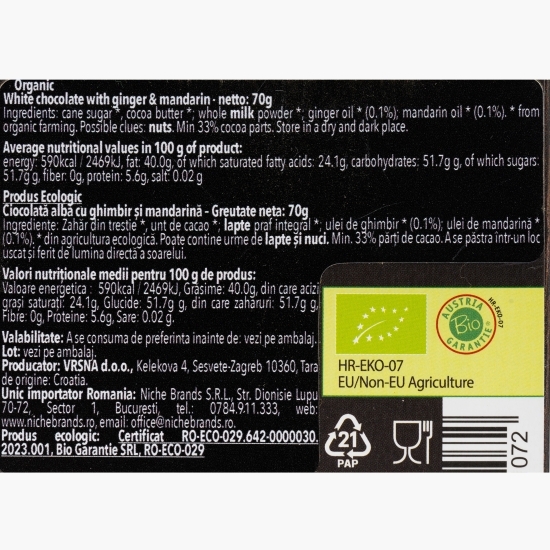 Ciocolată albă eco cu ghimbir și mandarină, fără gluten, 70g