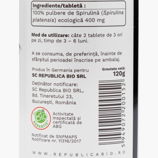 Spirulină ecologică 400mg, 300 tablete