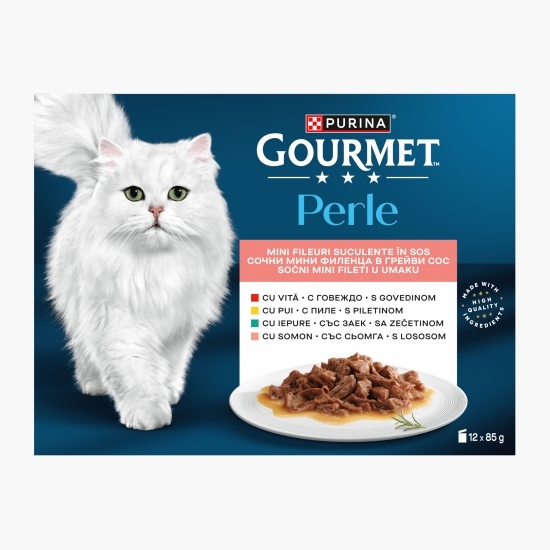 Hrană umedă pentru pisici Gourmet Perle Mini fileuri în sos, plicuri 12x85g, mix de arome (vită, pui, iepure, somon)