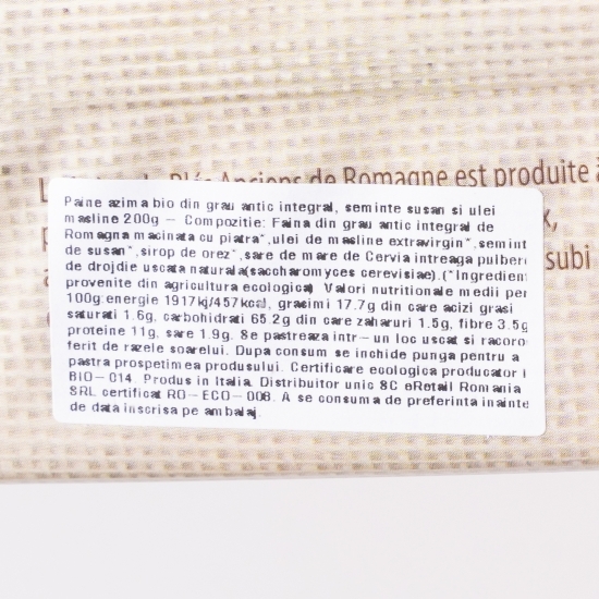 Pâine azima eco din grâu antic integral semințe susan și ulei măsline 150g