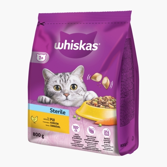 Hrană uscată pentru pisici sterile, 800g, cu pui 