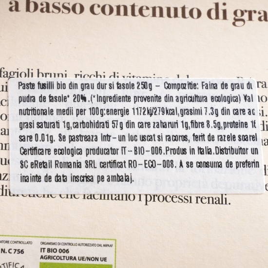 Paste fusilli eco din grâu dur și fasole 250g