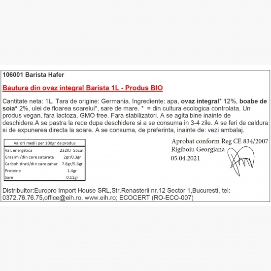 Băutură eco din ovăz integral Barista 1l