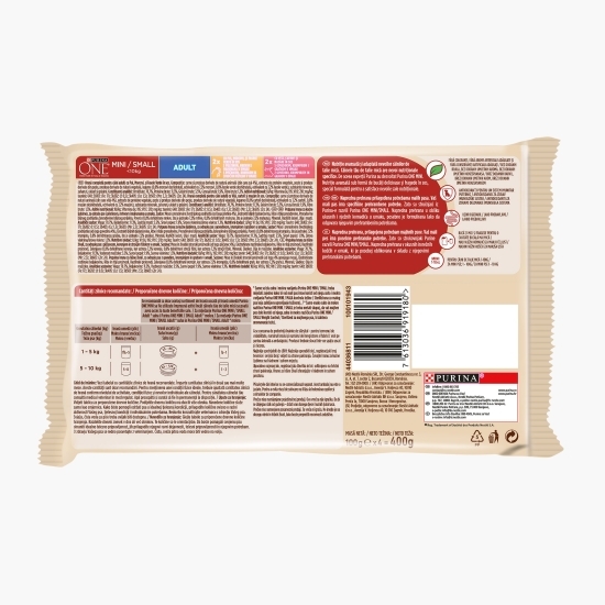 Hrană umedă pentru câini mini adult, 4x100g, pui, morcov, fasole verde și vită, cartofi, mazare în sos