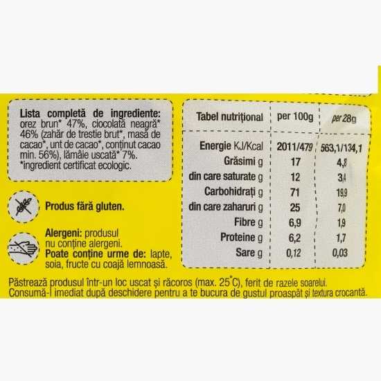 Snack Sănățele eco cu ciocolată neagră și lămâie, fără gluten 28g