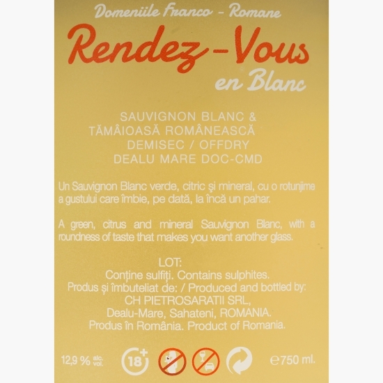 Vin alb demisec Rendez Vous Sauvignon Blanc & Tămâioasă Românească, 12.9%, 0.75l