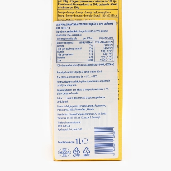 Smântână lichidă UHT pentru frișcă 35% grăsime, 1l