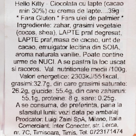 Praline de ciocolată cu lapte cu umplutură de cremă de lapte Mini Creamy Hello Kitty, cu surpriză 39g