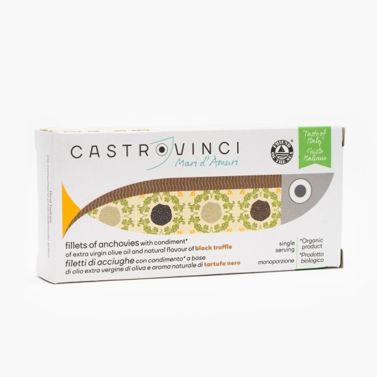 File de anșoa în ulei extravirgin de măsline și aromă naturală de trufe negre, eco, 48g