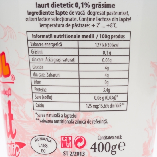 Iaurt dietetic 0.1% grăsime, 400g