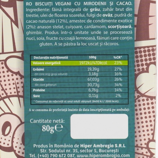 Biscuiți vegani cu mirodenii și cacao 80g