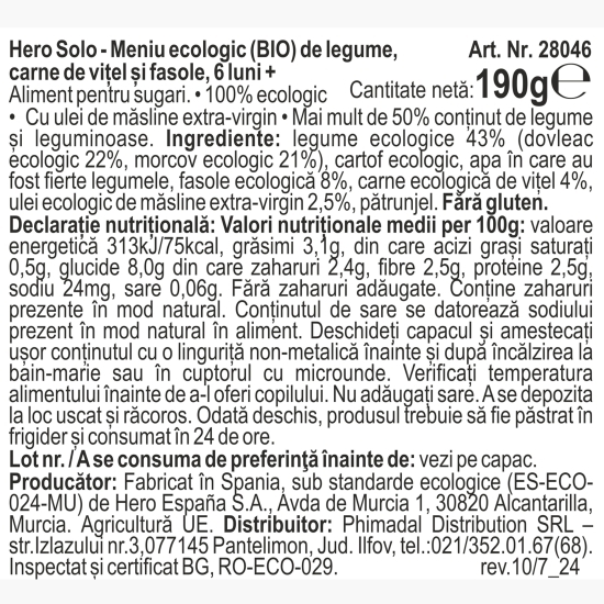 Meniu eco de legume cu carne de vițel și fasole +6 luni, 190g