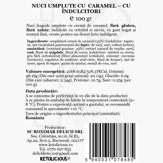 Nuci umplute cu caramel, cu îndulcitori 100g