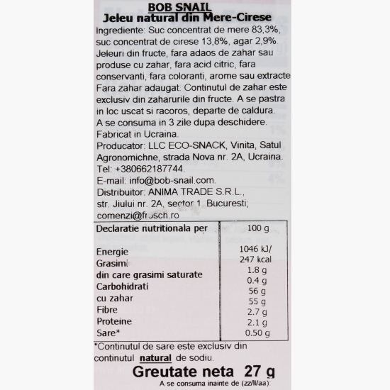 Jeleu natural din mere și cireșe, fără zahăr adăugat 27g