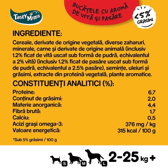 Recompense pentru câini adulți, 155g, Tasty Minis cu vită