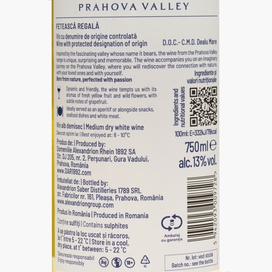 Vin alb demisec Fetească Regală, 13%, 0.75l
