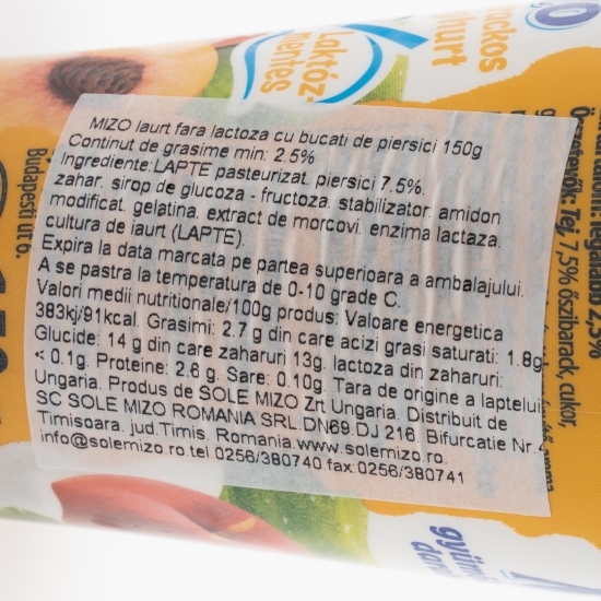 Iaurt fără lactoză cu bucăți de piersici 150g