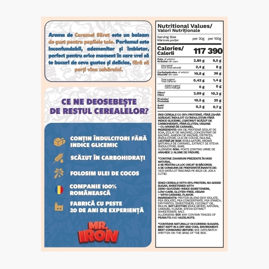 Cereale vegane cu aromă naturală de caramel sărat, cu 35% proteină, fără zahăr, low carb, fără gluten 250g