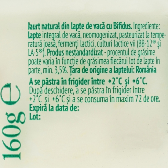 Iaurt natural din lapte de vacă cu bifidus 160g