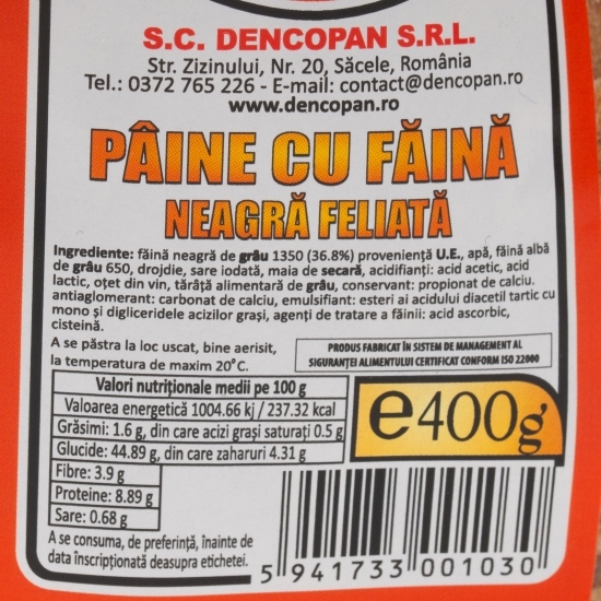 Pâine cu făină neagră feliată 400g