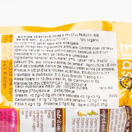 Piure ecologic de banane, caise și fructul pasiunii, +6 luni, 90g