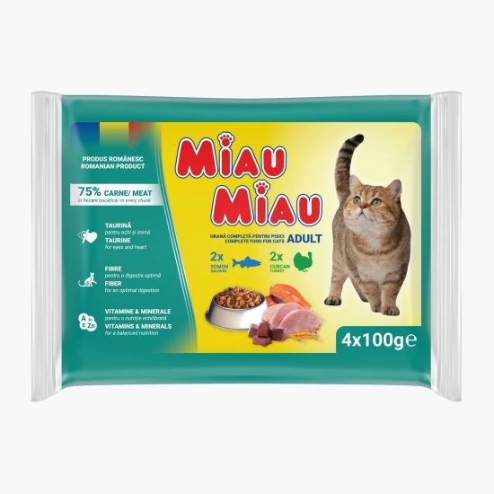 Hrană umedă pentru pisici adulte, cu somon și curcan, pachet mixt, plicuri 4x100g