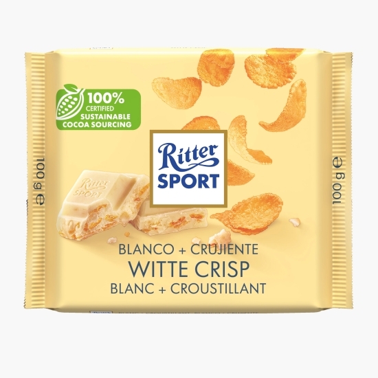 Ciocolată albă cu fulgi de porumb și fulgi de orez 100g