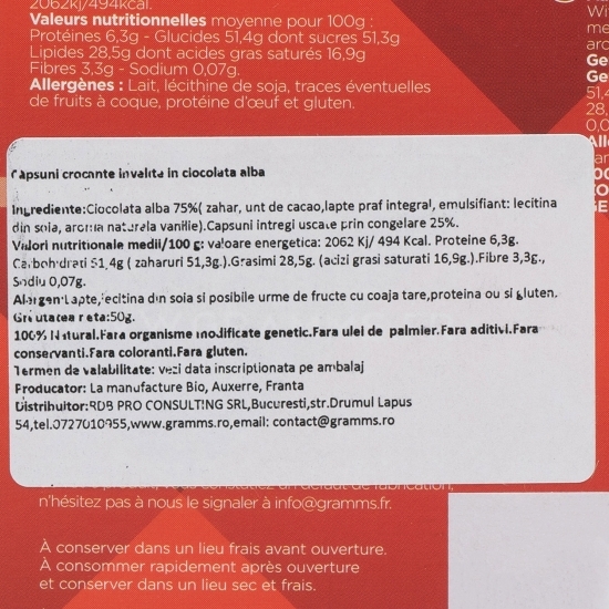 Căpșuni liofilizate învelite în ciocolată albă 50g