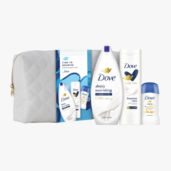 Set cadou: gel de duș Deeply Nourishing 250ml + deodorant stick Original 500ml + loțiune de corp Essential Care 250ml+ geantă cadou