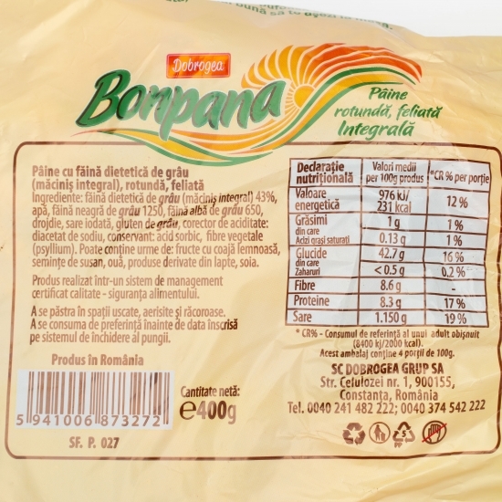 Pâine integrală rotundă, feliată 400g