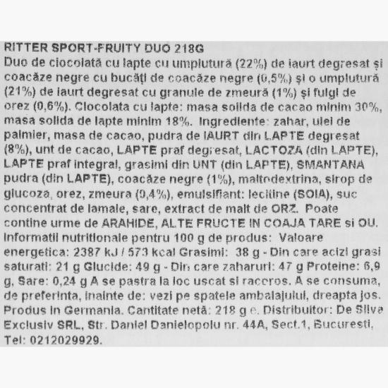 Ciocolată cu umplutură de coacăze și zmeură Duo Fruity 218g