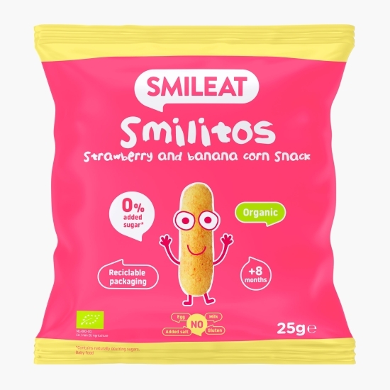 Pufuleți ecologici cu ulei de măsline, banane și căpșuni Smilitos, +8 luni, 25g