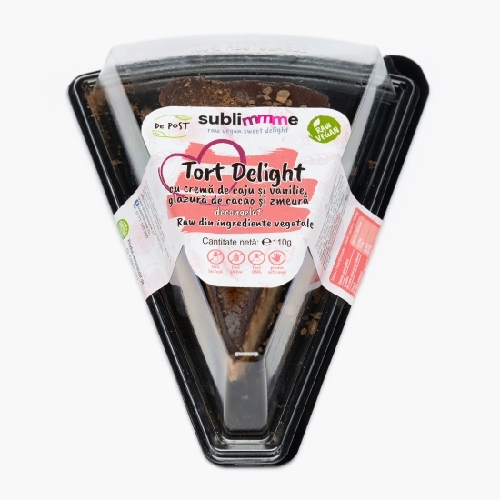 Tort raw vegan Delight cu cremă de caju și vanilie, glazură de cacao și zmeură 110g