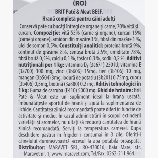 Hrană completă pentru câini adulți, cu pate și bucăți de carne, cu vită, 400g