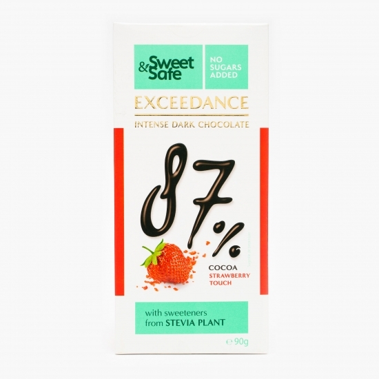Ciocolată neagră 87% cacao cu căpșuni, fără zahăr și îndulcitor stevie 90g