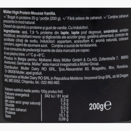 Mousse High Protein cu vanilie, fără zahăr 200g