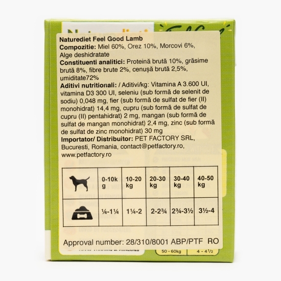 Hrană umedă pentru câini, pate, 390g, Feel Good cu miel, orez și morcov