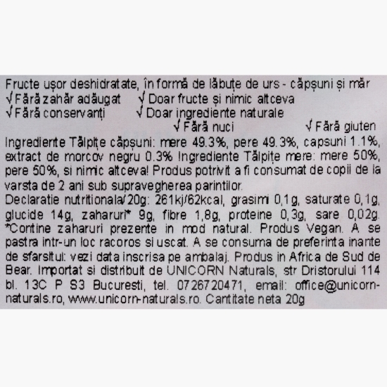 Jeleuri în formă de lăbuțe de urs, cu căpșuni și mere, fără zahăr adăugat 20g