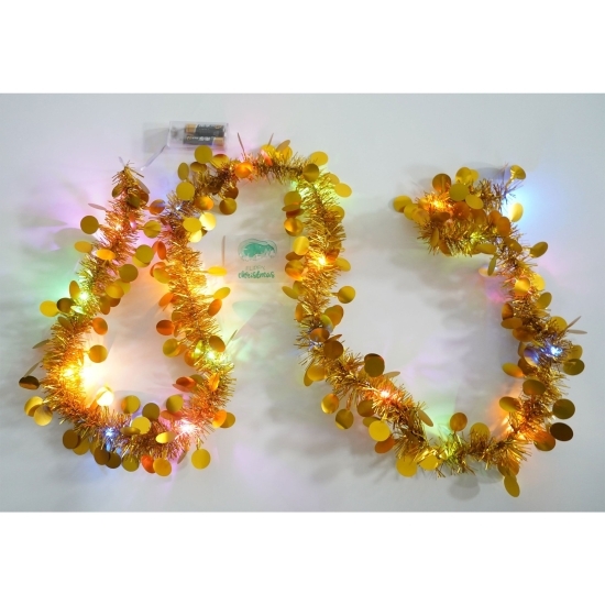 Beteală Crăciun cu LED, aurie, model cu paiete rotunde, 2m x 5cm