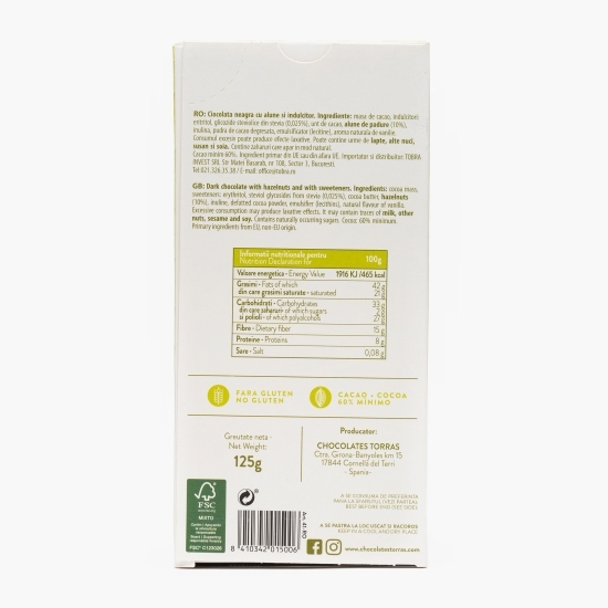 Ciocolată neagră cu alune, cu Stevia, fără zahăr adăugat 125g