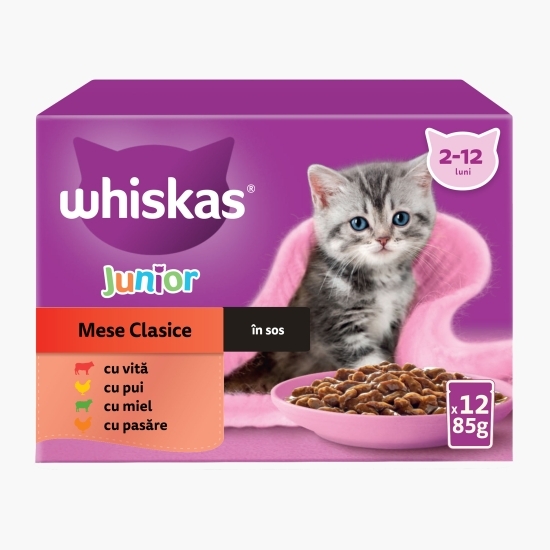 Hrană umedă pentru pisici junior, 12x85g, Mese Clasice în sos cu vită, pui, miel și pasăre