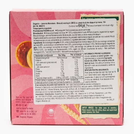 Biscuiți ecologici pentru copii, cu umplutură de căpșuni și mere, 18+ luni, 64g