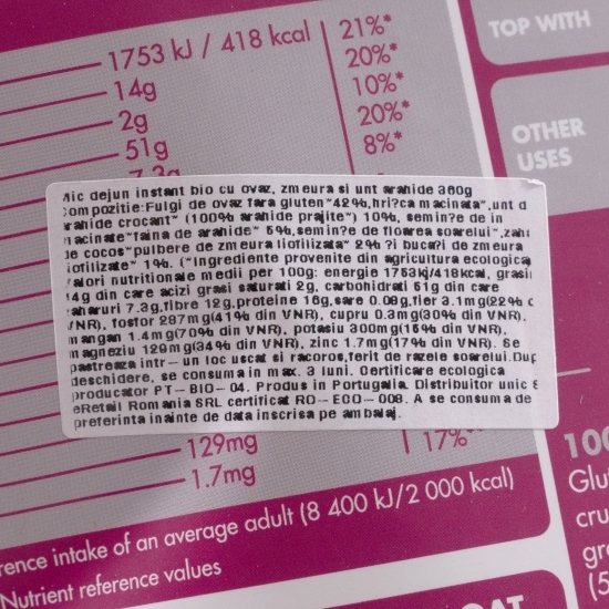 Mic dejun instant eco cu zmeură și cremă de arahide 360g