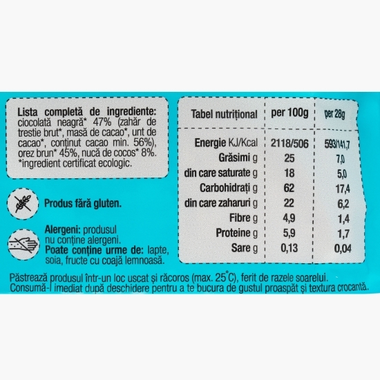 Snack Sănățele eco cu ciocolată neagră și cocos, fără gluten 28g