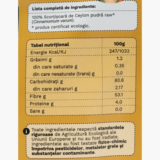 Scorțișoară de Ceylon, pulbere ecologică pură, 100g
