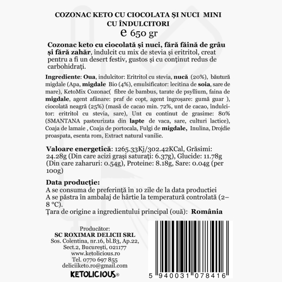 Cozonac keto cu nucă și ciocolată, cu îndulcitori 650g
