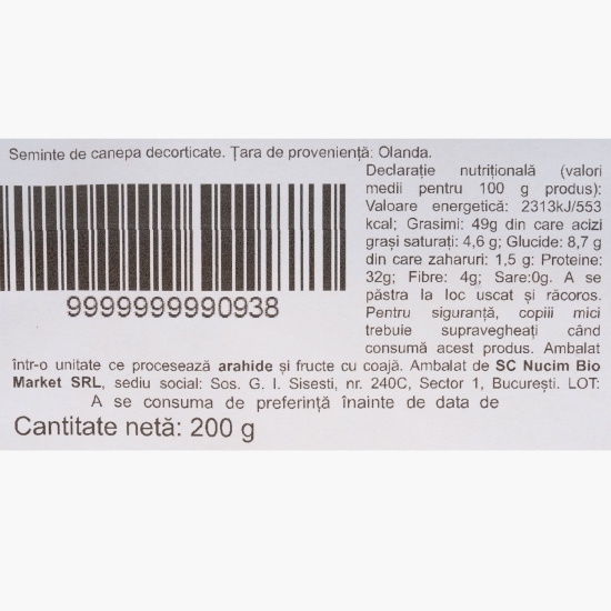 Semințe de cânepă decorticate, crude 200g