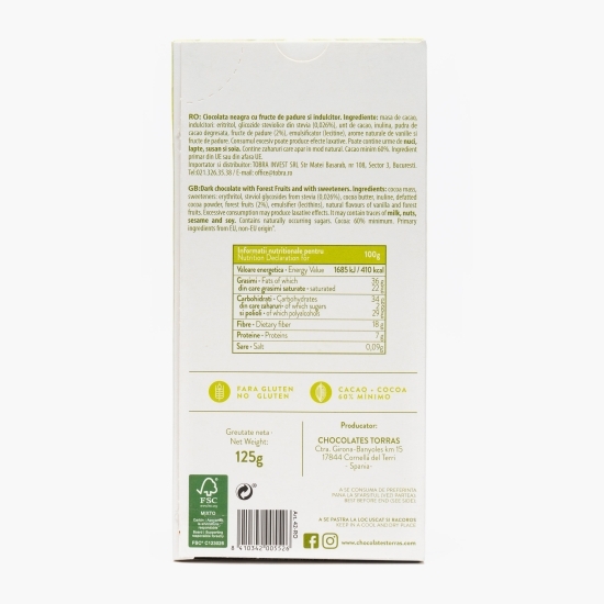 Ciocolată neagră cu fructe de pădure cu Stevia, fără zahăr adăugat 125g